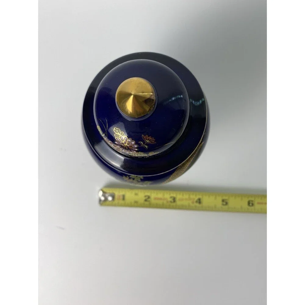 Vintage Blue and Gold Floral Peacock Japanese Ceramic Ginger Jar with Lid